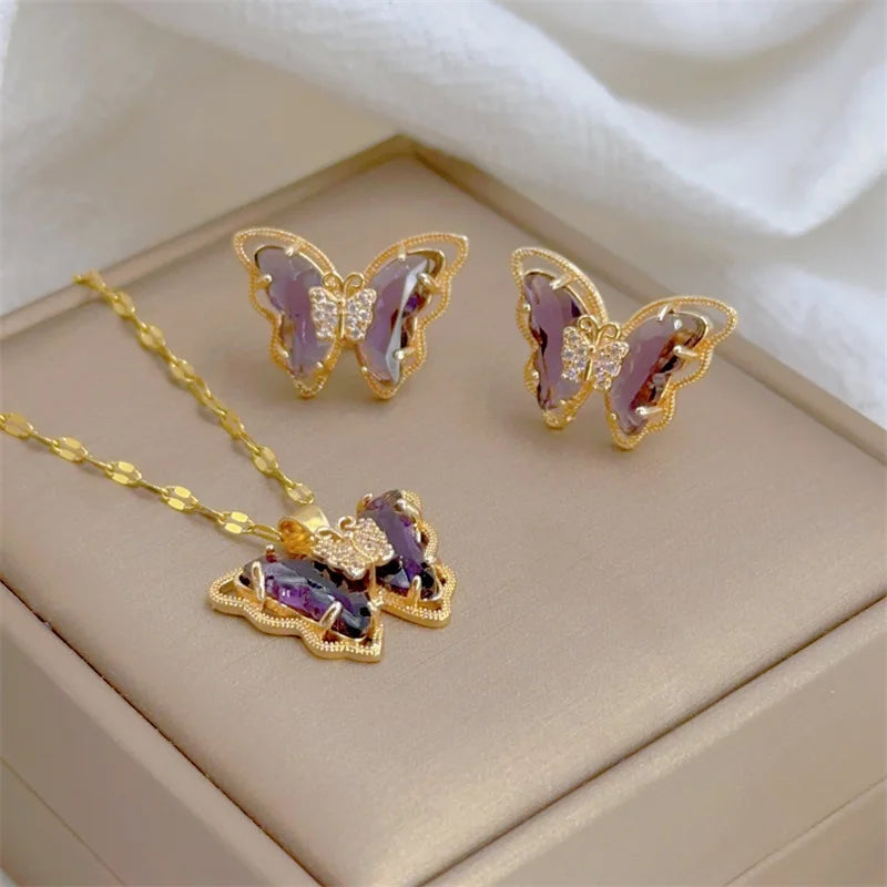 Zenat Cute Micro-Inlaid Butterfly Necklace & Earrings Set