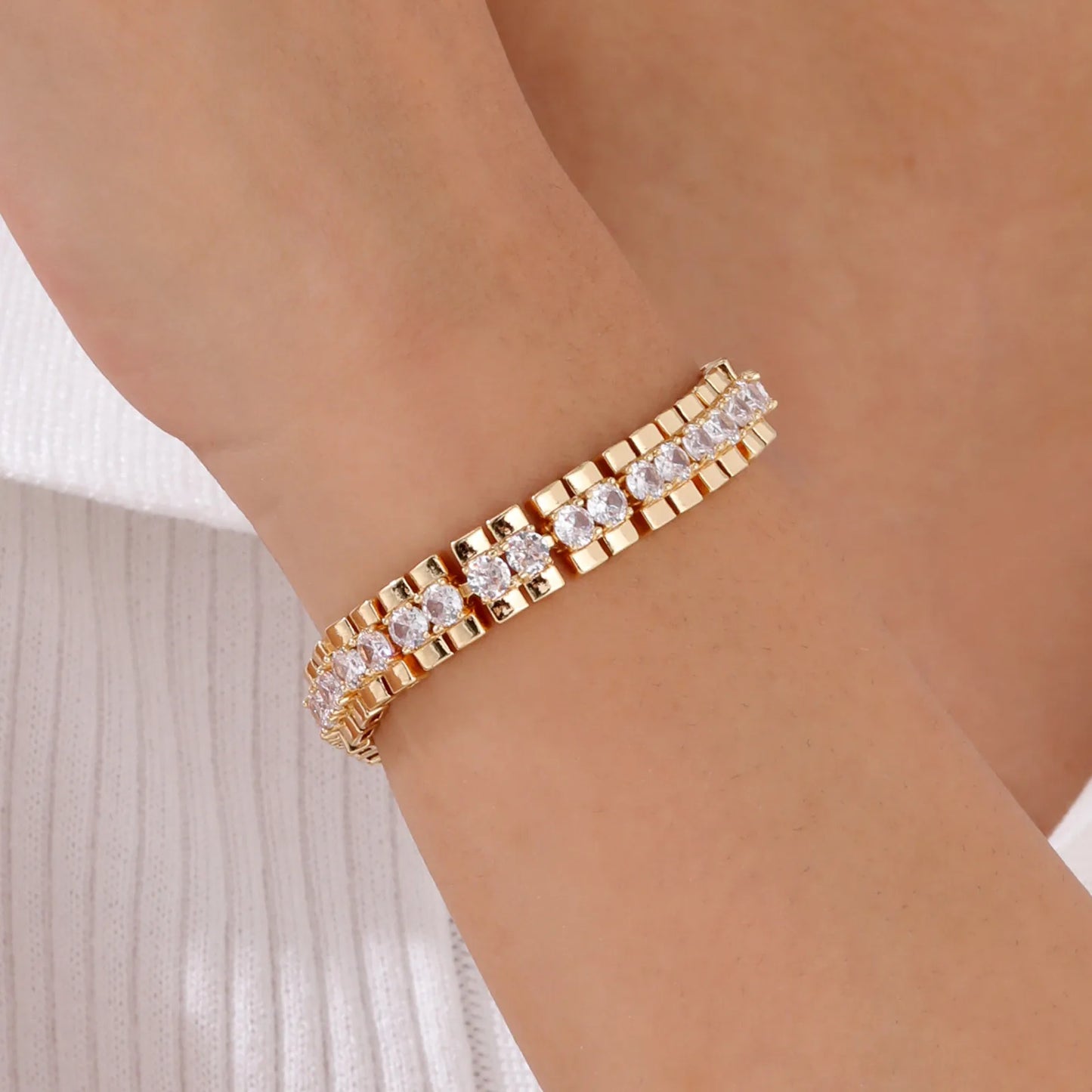 Bracelet 14K Gold Plated Cubic Zirconia Chunky Adjustable