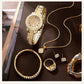 Zenat Golden Watch Ring Necklace Earrings Rhinestone Set