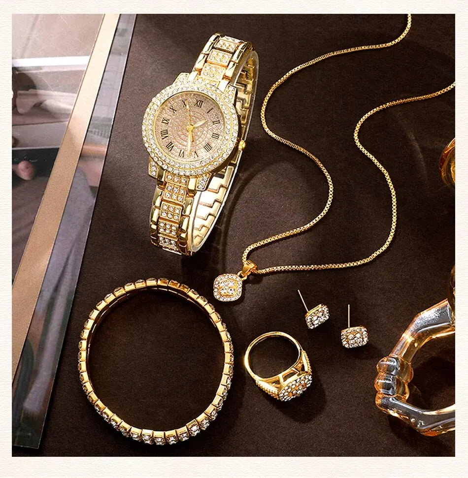 Zenat Golden Watch Ring Necklace Earrings Rhinestone Set