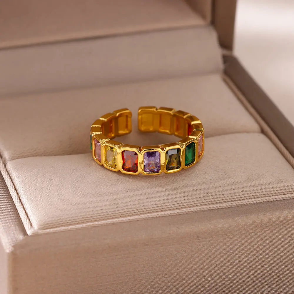 Colorful Cubic Zircon Open Ring For Women Stainless Steel Gold Color Square Rings Bohemian Romantic couple Jewelry Gifts