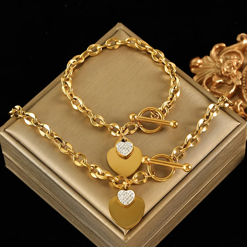 Zenat Double Heart Necklace Bracelet 316 Stainless Steel