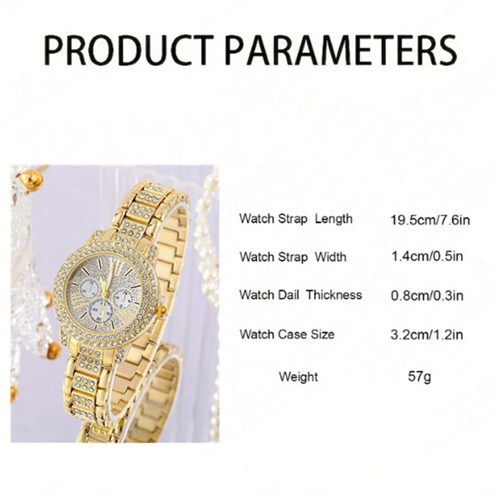 Zenat Quartz Watch Gold Luxury Ring Necklace Earring Set