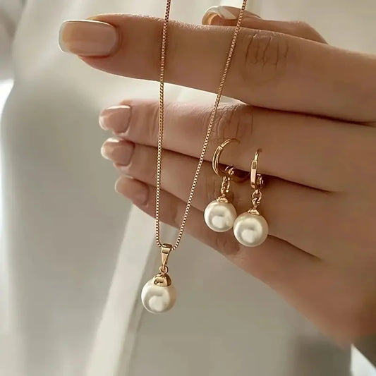 Zenat 3 Pcs Round Pearl Jewelry Set Of Earring Pendant Necklace For Women