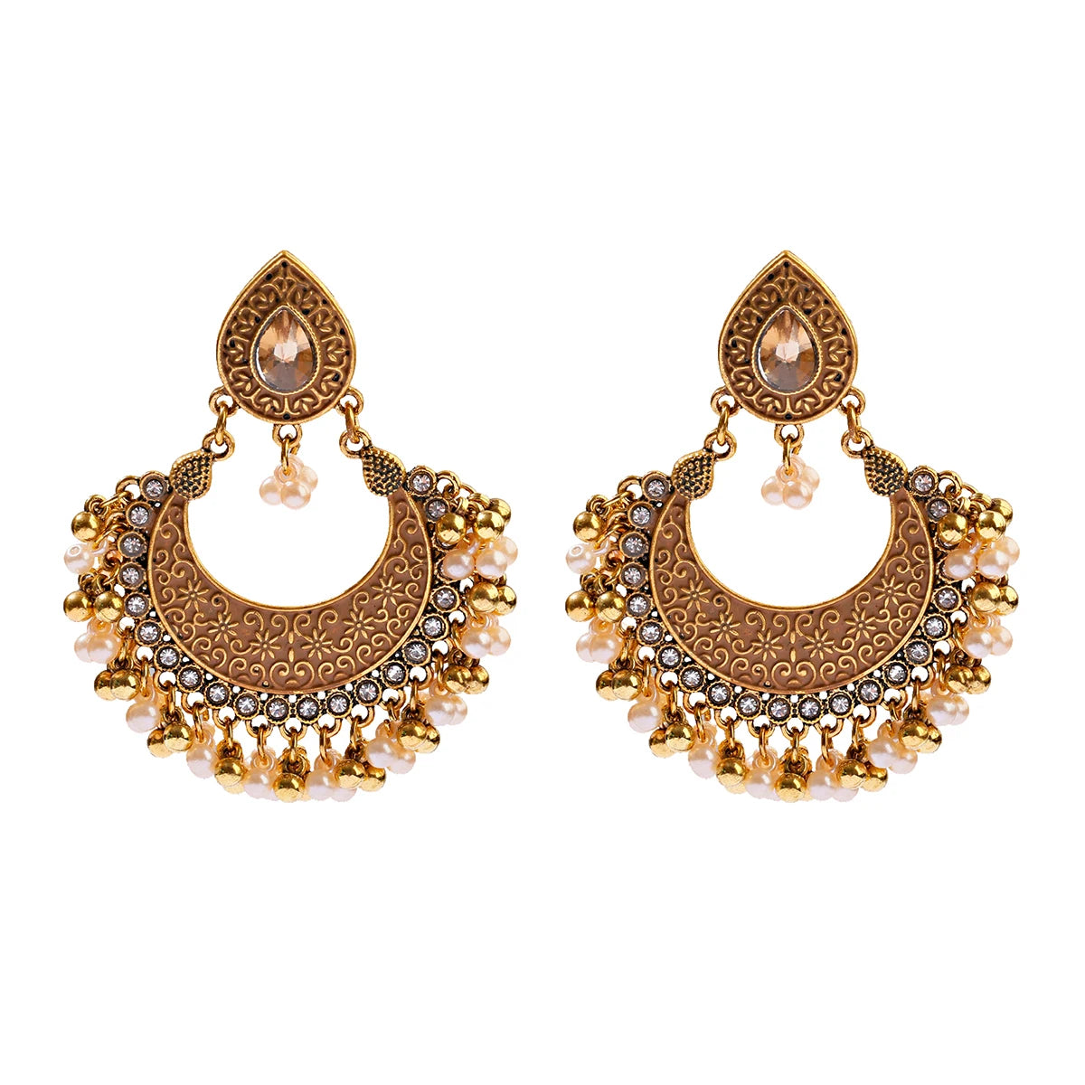 Zenat Retro Green Carved Pearl Tassel Jhumka