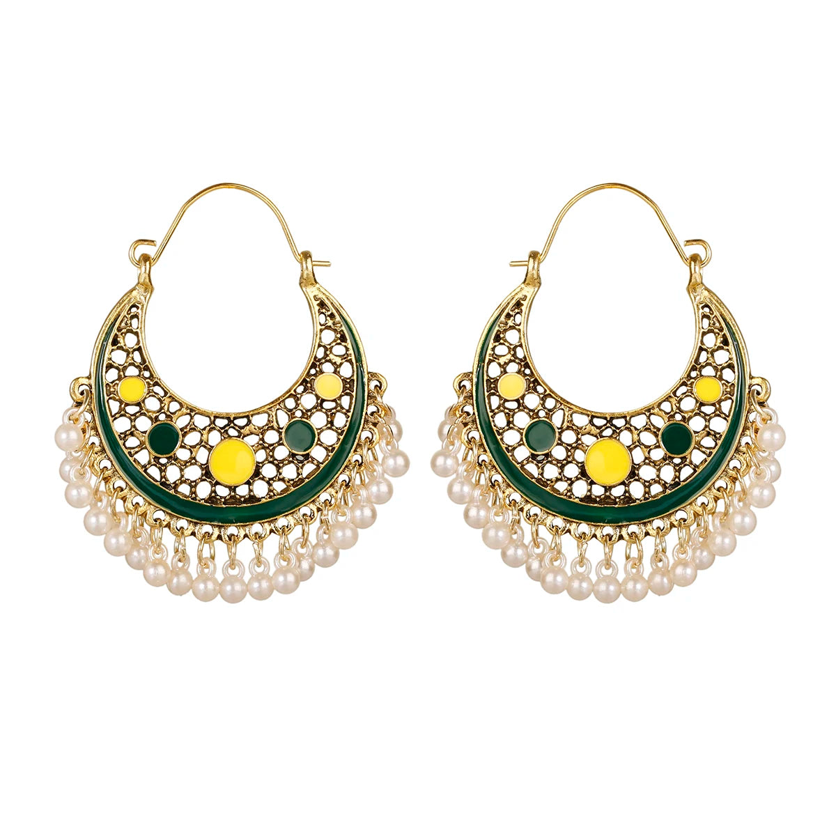 Zenat Retro Green Carved Pearl Tassel Jhumka