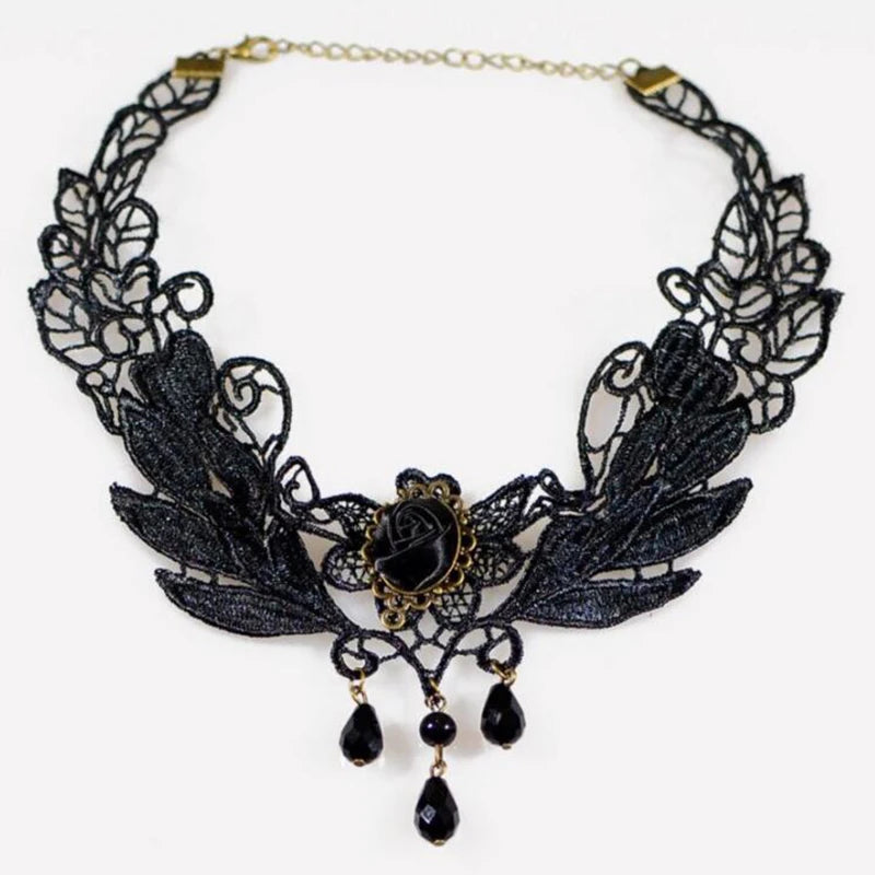 Zenat Gothic Black Lace Crystal Choker Necklace