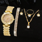 Zenat Quartz Watch Gold Luxury Ring Necklace Earring Set