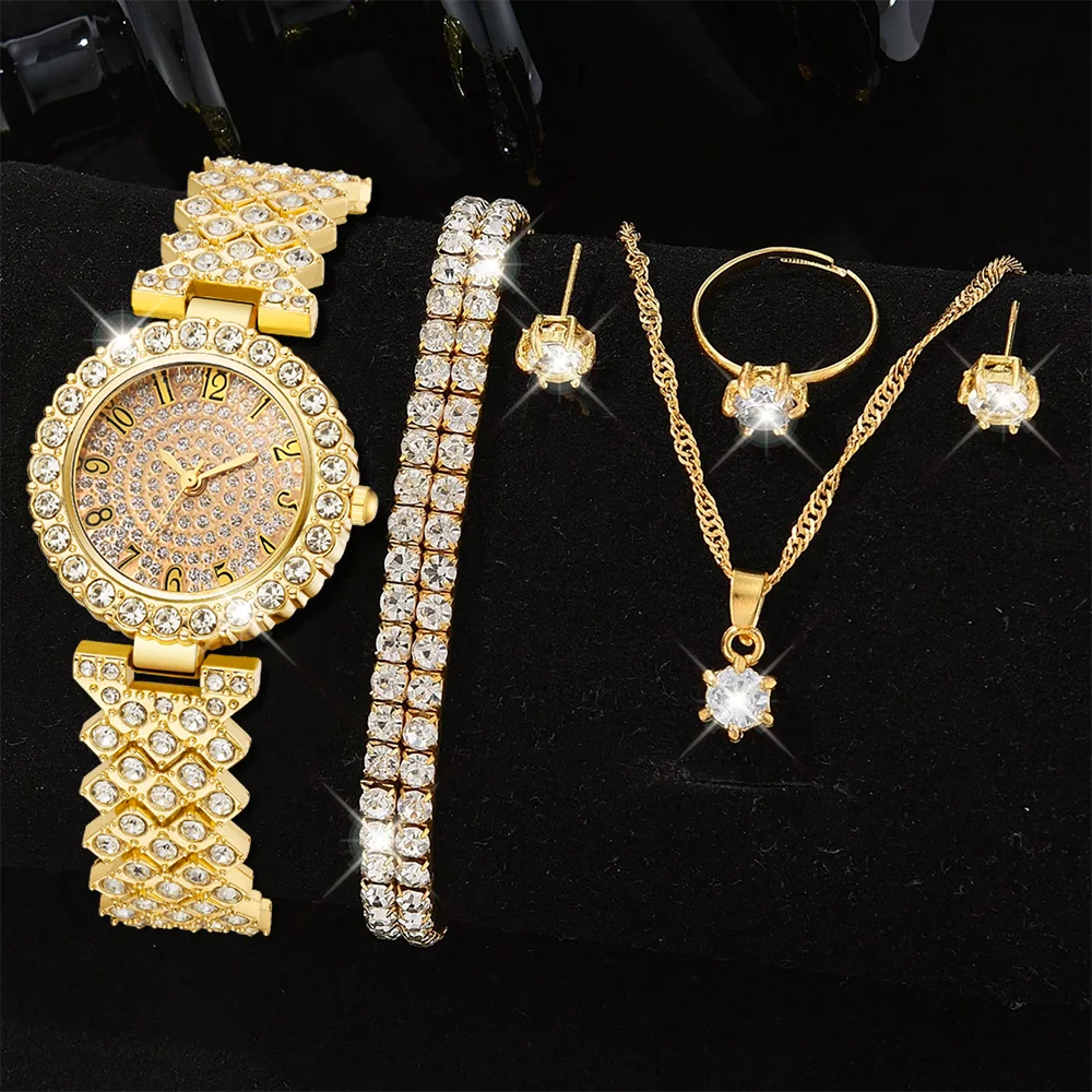Zenat Quartz Watch Gold Luxury Ring Necklace Earring Set