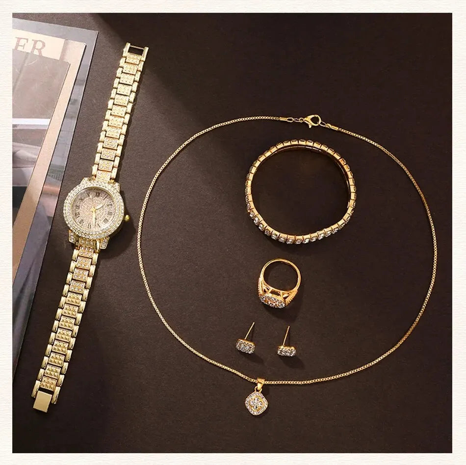 Zenat Golden Watch Ring Necklace Earrings Rhinestone Set
