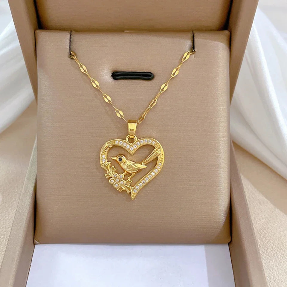 Trendy Heart Stainless Steel Zirconia Necklaces For Women Girls Love Gold Color Metal Necklace Party Birthday Daily Jewelry