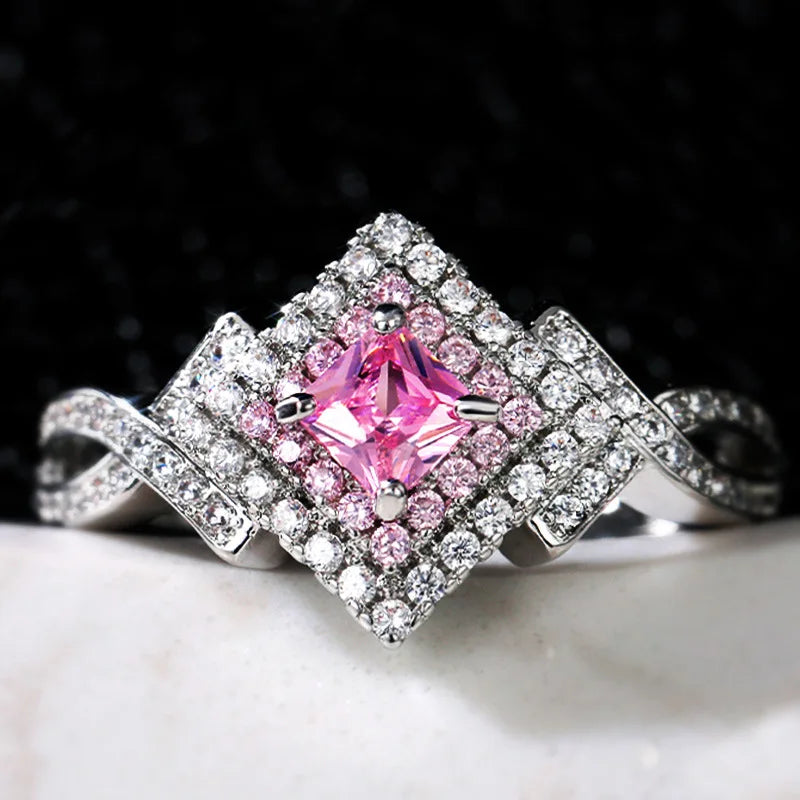Zenat Pink Sparkling Zircon Princess Square Ring
