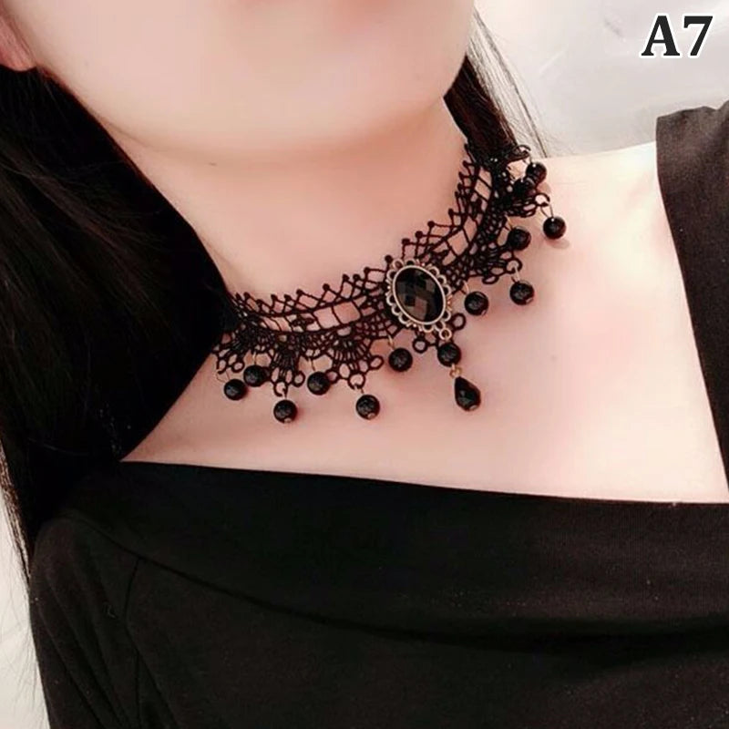Zenat Gothic Black Lace Crystal Choker Necklace