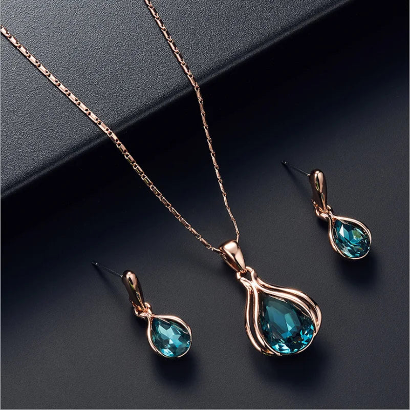 Zenat 3PC Waterdrop Rhinestone Necklace & Earrings Set