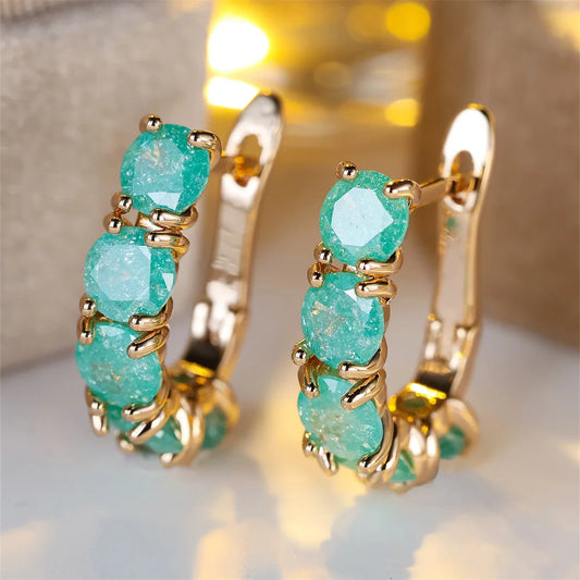 Pink Green Aqua Blue Ice Flower Zircon Hoop Earrings For Women Vintage Gold Color Wedding Jewelry Christmas Gifts