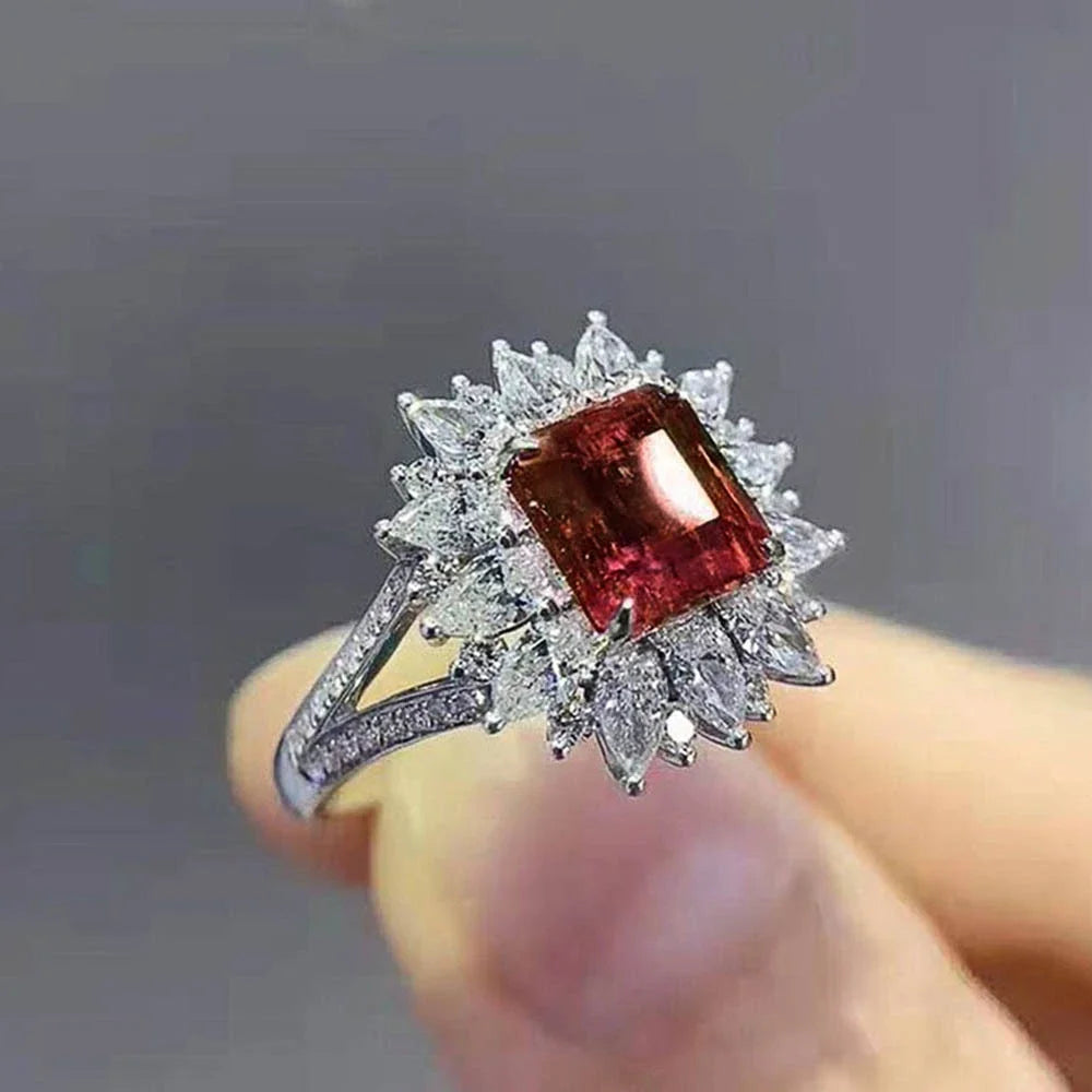 Zenat Elegant Red Corundum Ring with Large Zircon