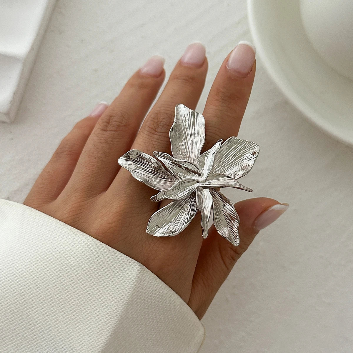 IngeSight.Z Exaggerated Bilayer Big Flower Ring for Women 2024 Personality Metal Punk Party Finger Ring Jewelry Accessories