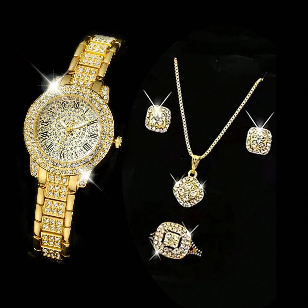 Zenat Quartz Watch Gold Luxury Ring Necklace Earring Set