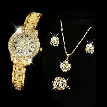 Zenat Quartz Watch Gold Luxury Ring Necklace Earring Set