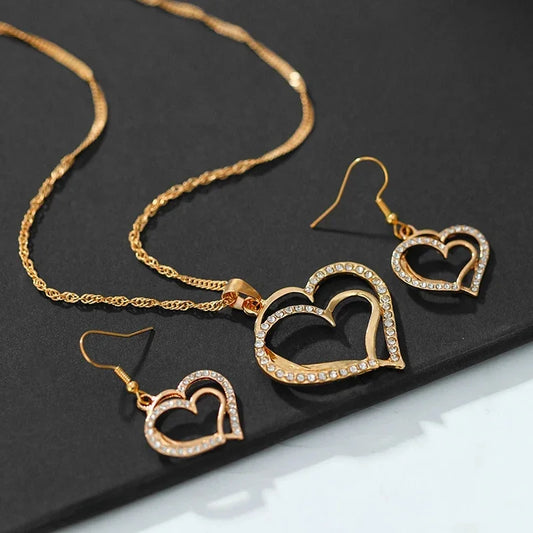 Zenat 3PC Double Heart Rhinestone Jewelry Set