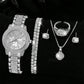 Zenat Quartz Watch Gold Luxury Ring Necklace Earring Set