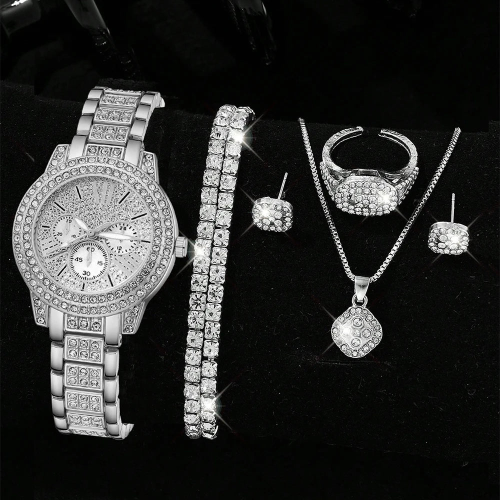 Zenat Quartz Watch Gold Luxury Ring Necklace Earring Set
