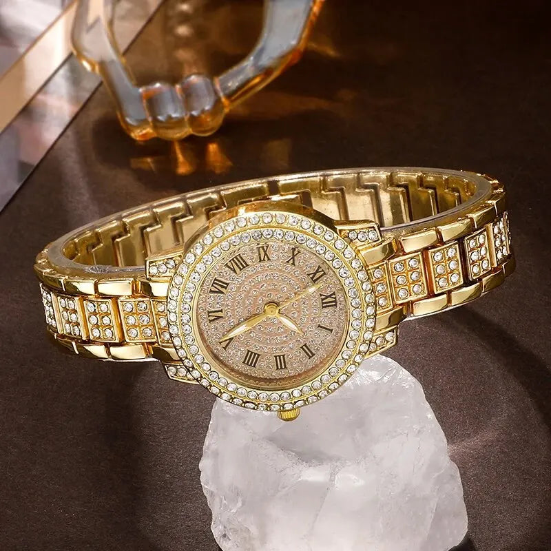 Zenat Golden Watch Ring Necklace Earrings Rhinestone Set