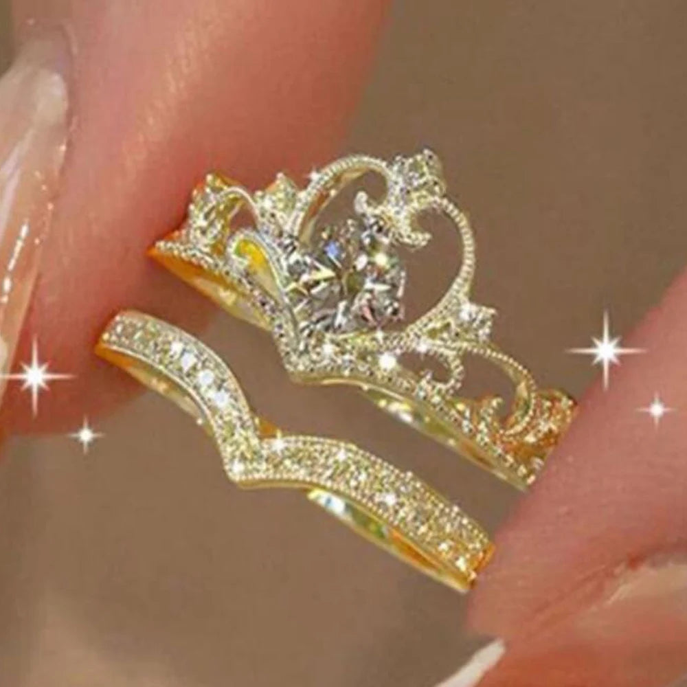 Zenat 2PCS Fairy Crystal Adjustable Crown Rings