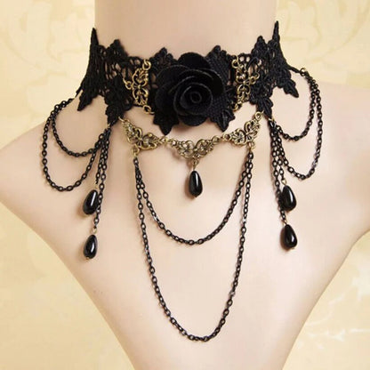 Zenat Neo-Gothic Black Lace Punk Choker Necklace