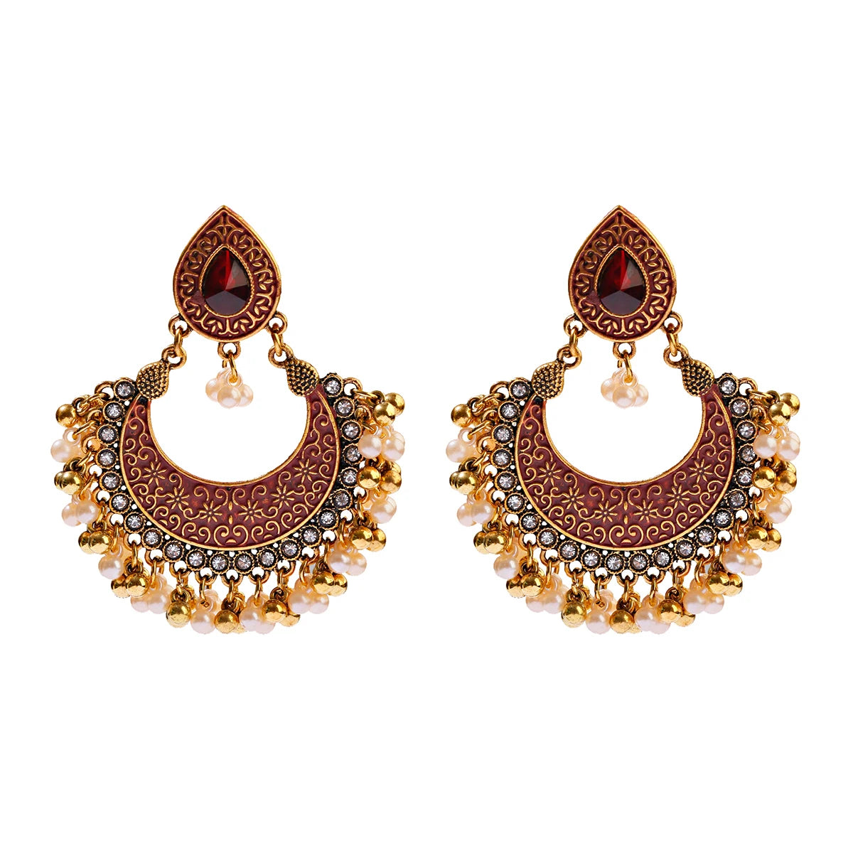 Zenat Retro Green Carved Pearl Tassel Jhumka