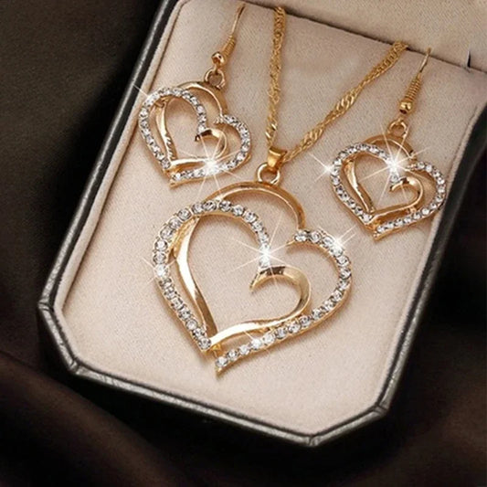 Zenat 3PC Double Heart Rhinestone Jewelry Set