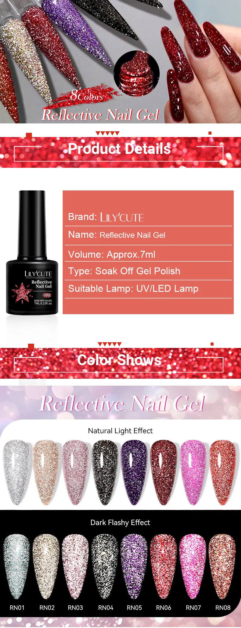 Zenat Bright Red Sparkling Glitter Gel Nail Polish