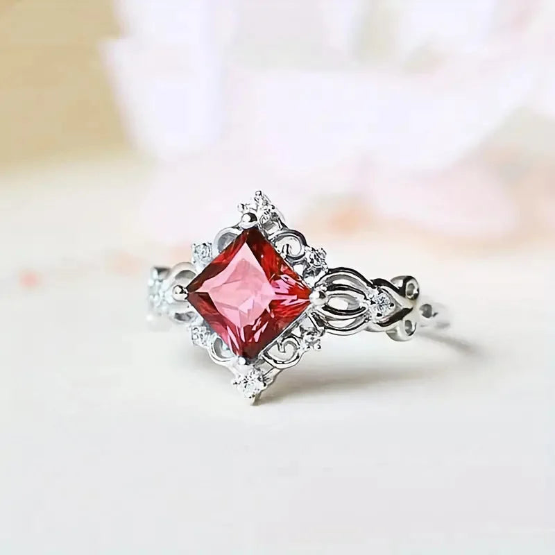 Zenat Elegant Red Corundum Ring with Large Zircon