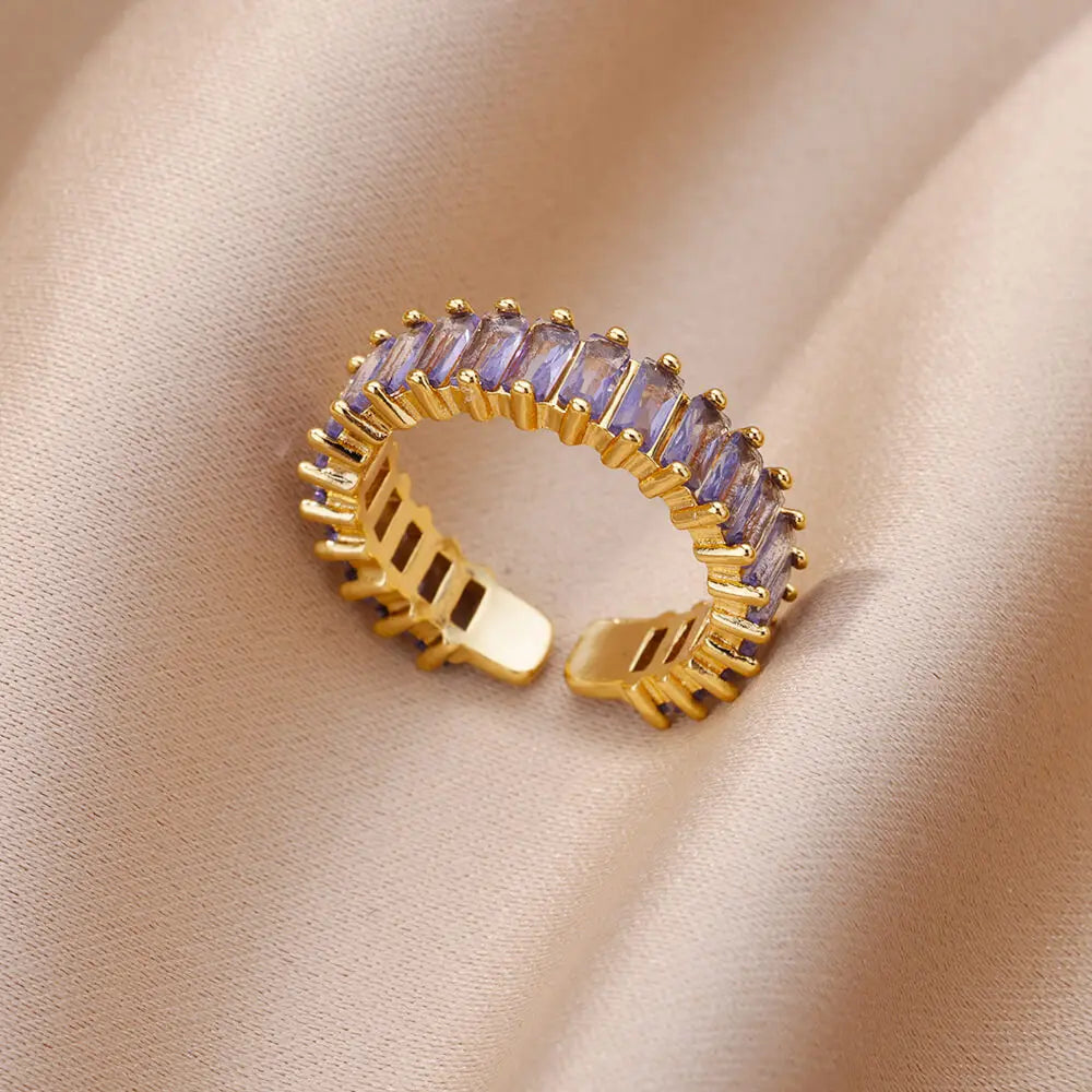 Colorful Cubic Zircon Open Ring For Women Stainless Steel Gold Color Square Rings Bohemian Romantic couple Jewelry Gifts