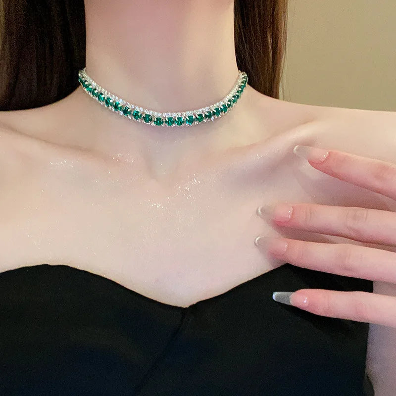 Fashion Trend Unique Design Elegant Delicate Light Luxury Green Zircon Necklace Women Jewelry Party Premium Stud Earrings Gift