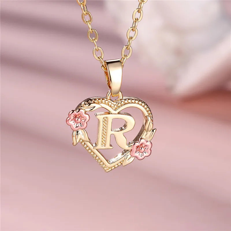 Zenat A-Z Letter Flower Gold Pendant Necklace