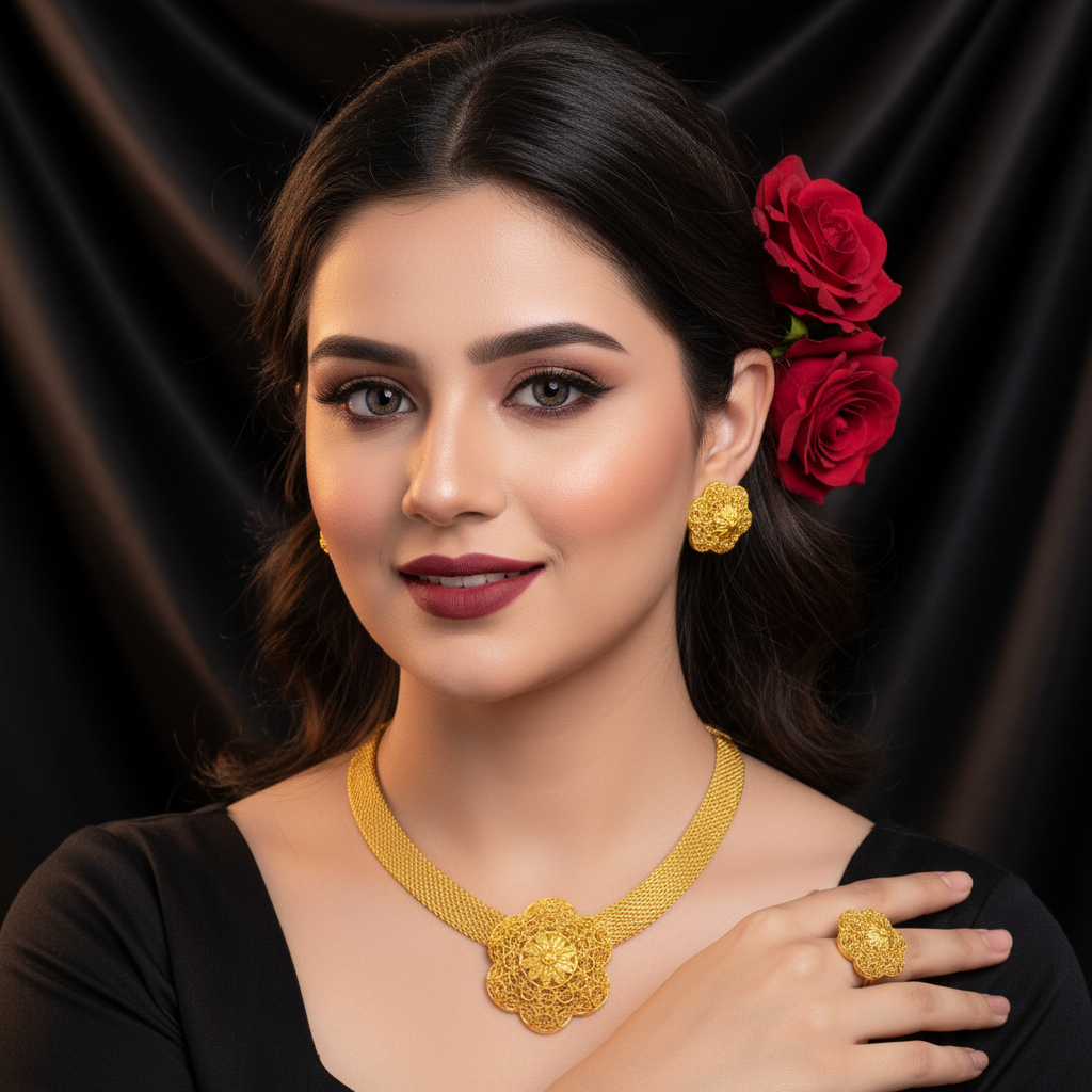 Zenat Luxury Flower Necklace Sets Wedding Gold Plated