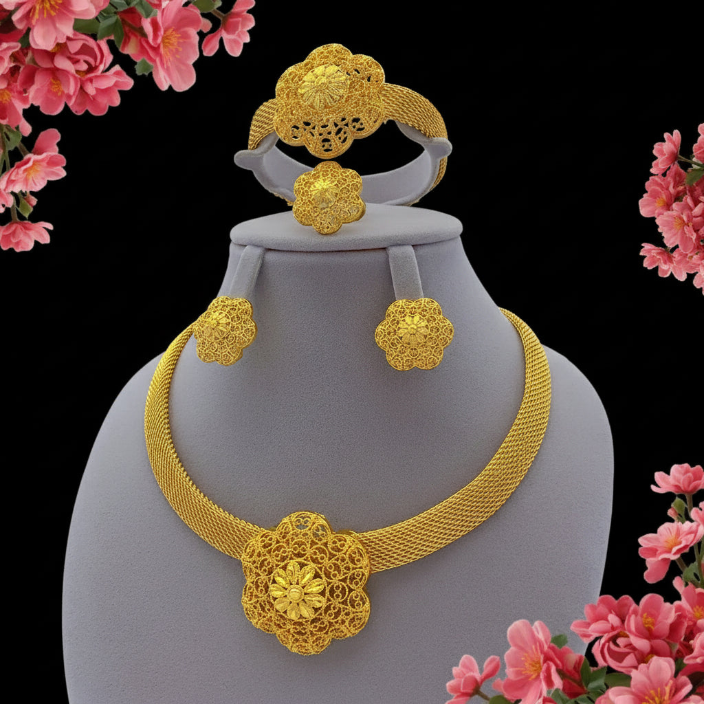 Zenat Luxury Flower Necklace Sets Wedding Gold Plated
