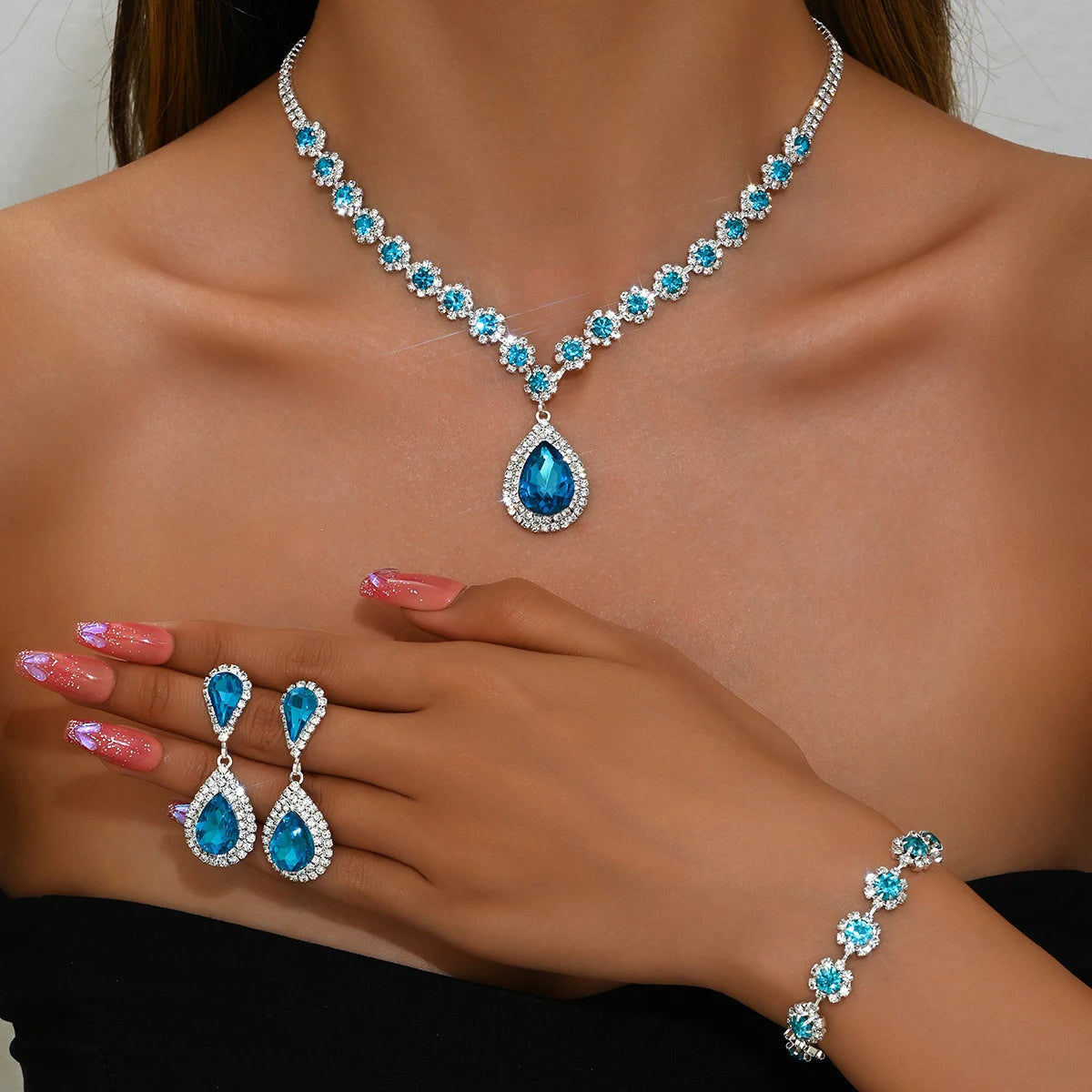 Minimalist Water drops Jewelry Set for Women Crystal Necklace Bracelet Earrings Set Gift Banquet Wedding Anniversary Accessories
