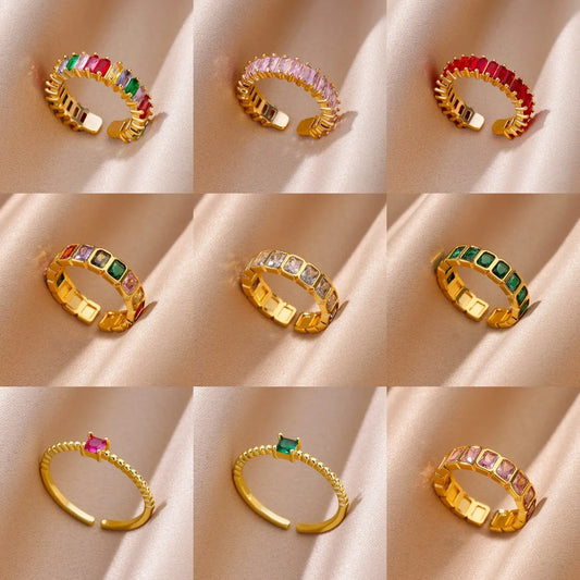 Colorful Cubic Zircon Open Ring For Women Stainless Steel Gold Color Square Rings Bohemian Romantic couple Jewelry Gifts