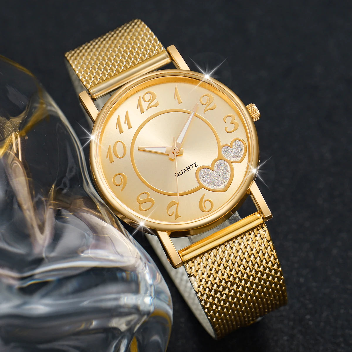 Zenat Heart Band Watch Golden Quartz Butterfly Set