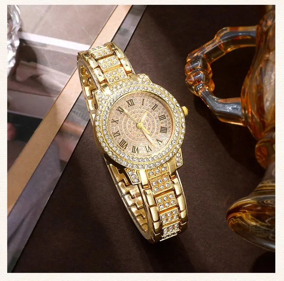 Zenat Golden Watch Ring Necklace Earrings Rhinestone Set