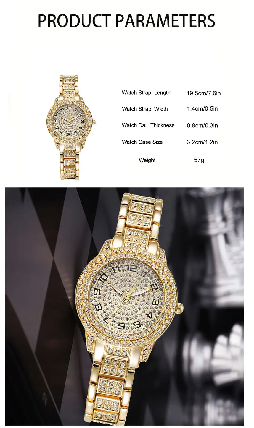 Zenat Quartz Watch Gold Luxury Ring Necklace Earring Set