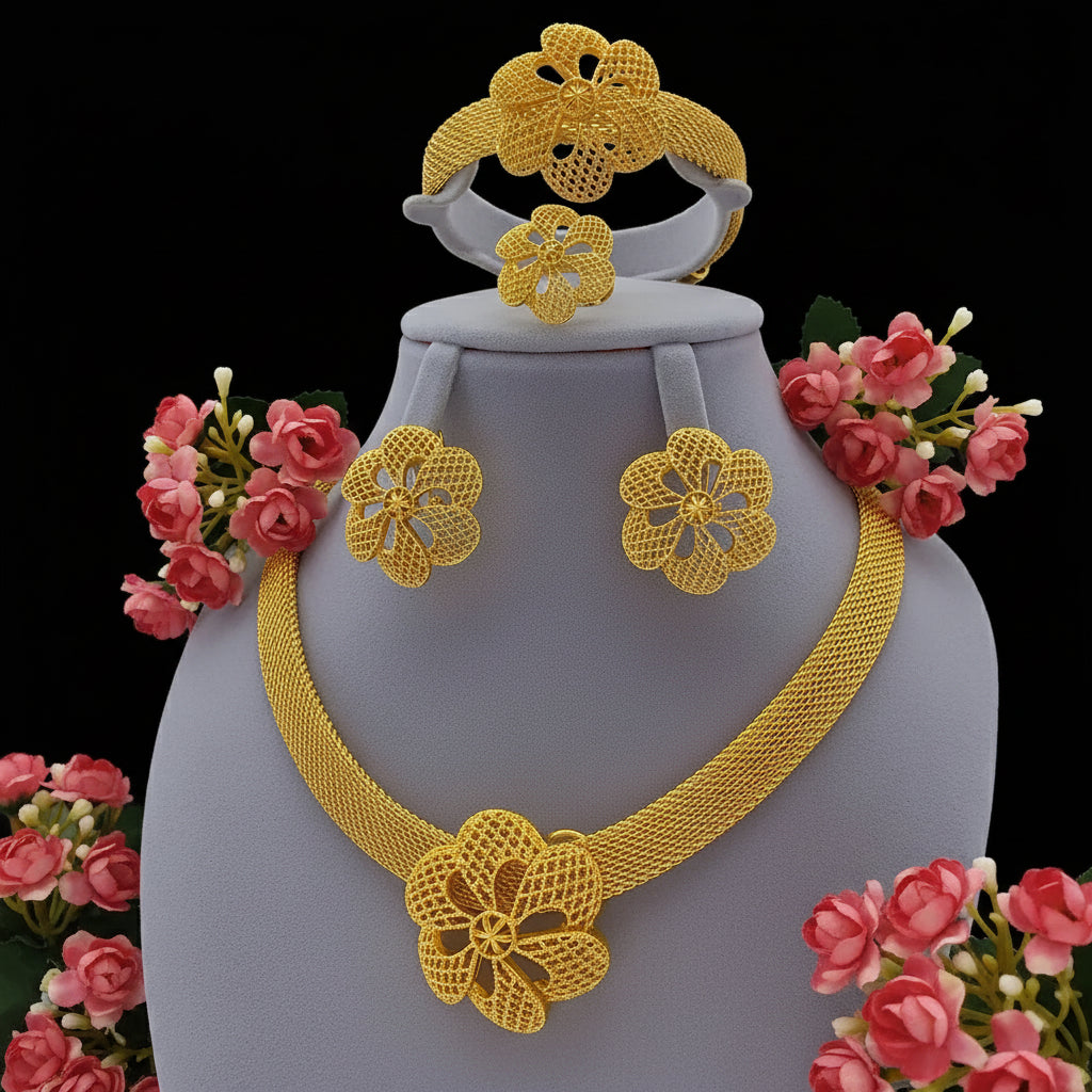 Zenat Luxury Flower Necklace Sets Wedding Gold Plated