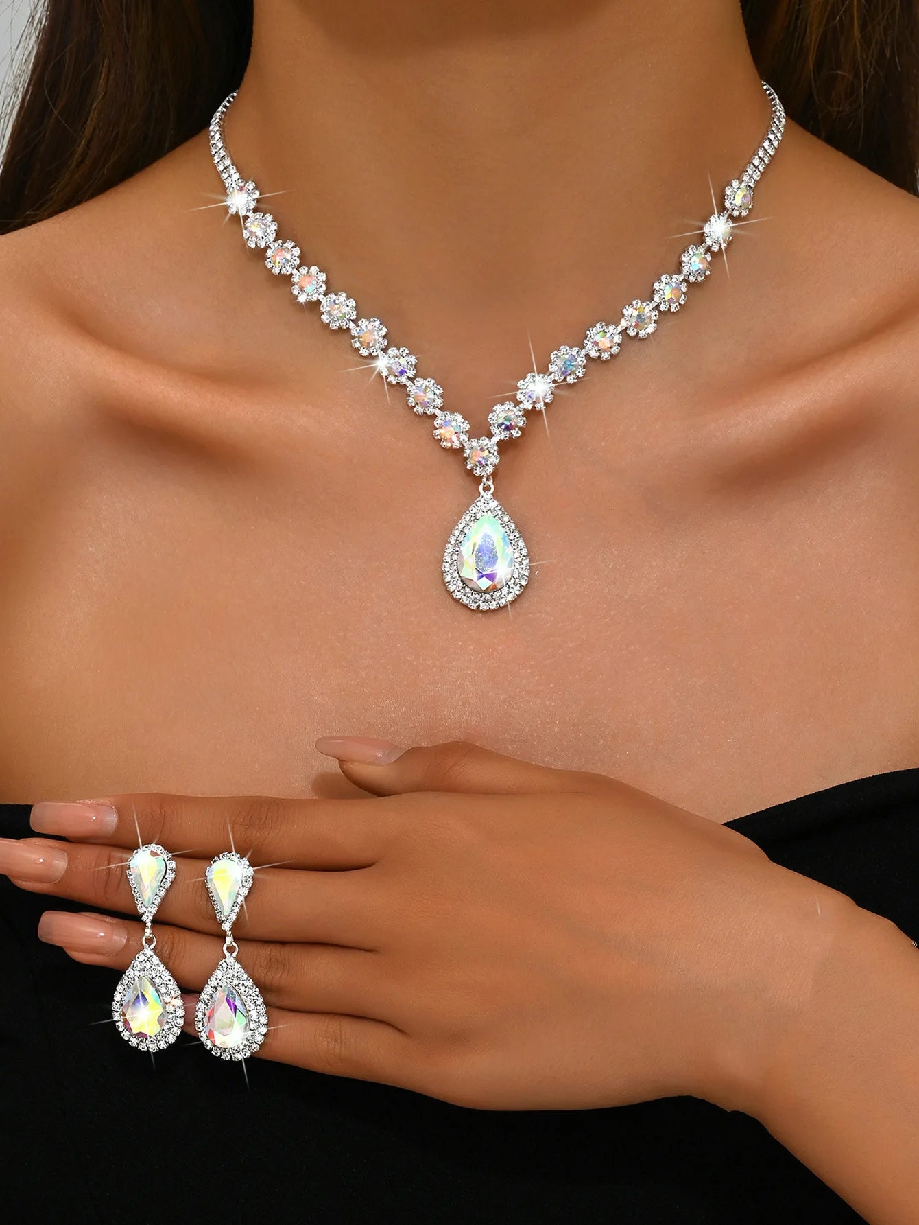 Minimalist Water drops Jewelry Set for Women Crystal Necklace Bracelet Earrings Set Gift Banquet Wedding Anniversary Accessories