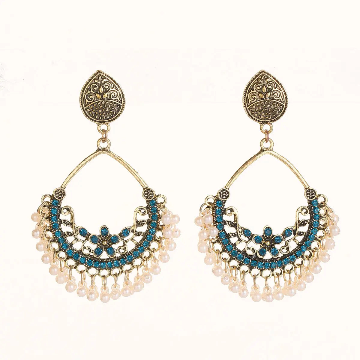 Zenat Retro Green Carved Pearl Tassel Jhumka