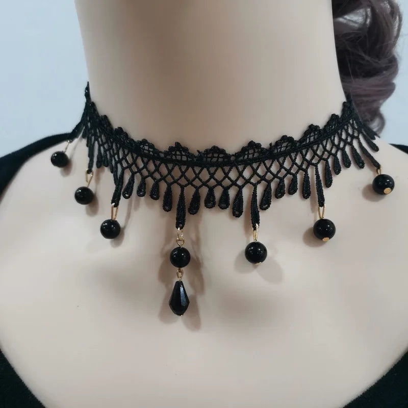 Zenat Neo-Gothic Black Lace Punk Choker Necklace