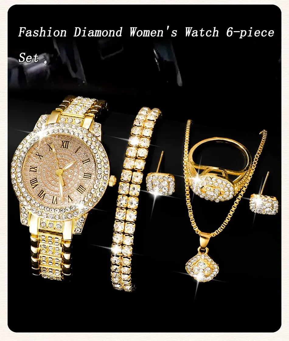 Zenat Golden Watch Ring Necklace Earrings Rhinestone Set