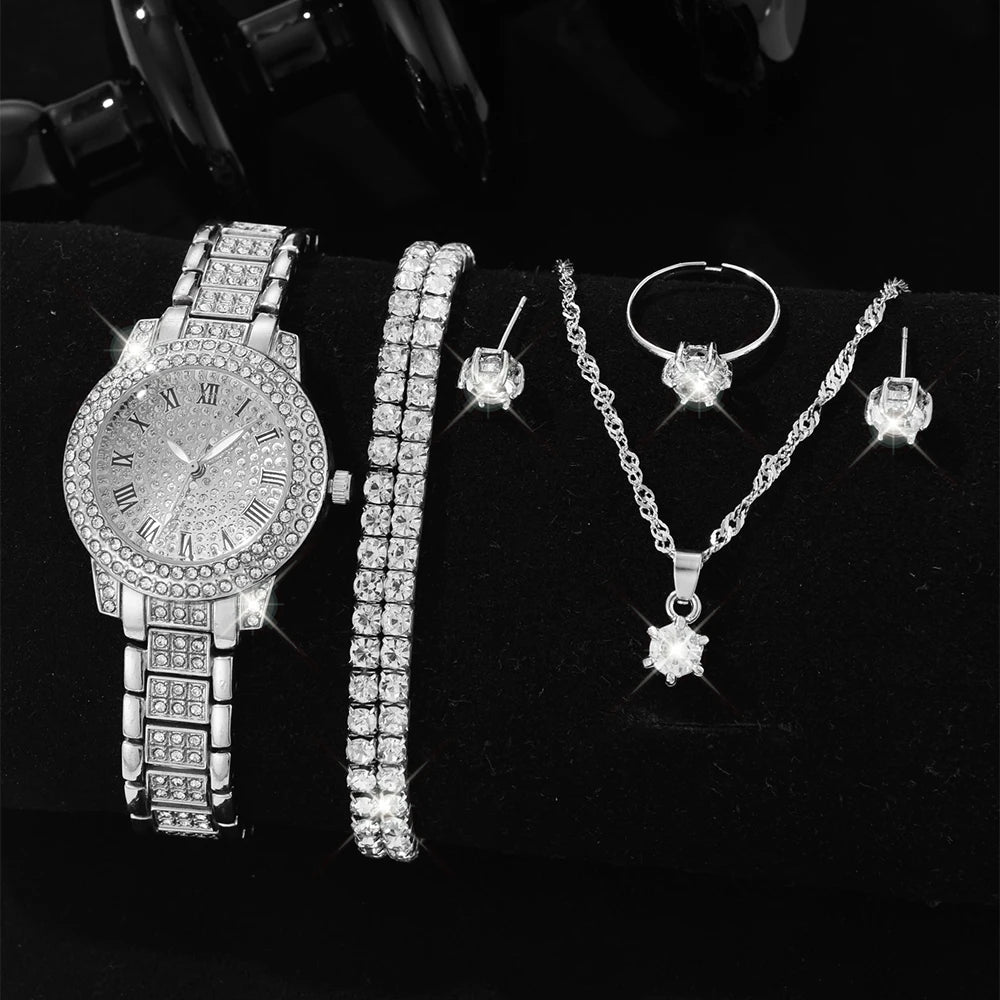Zenat Quartz Watch Gold Luxury Ring Necklace Earring Set