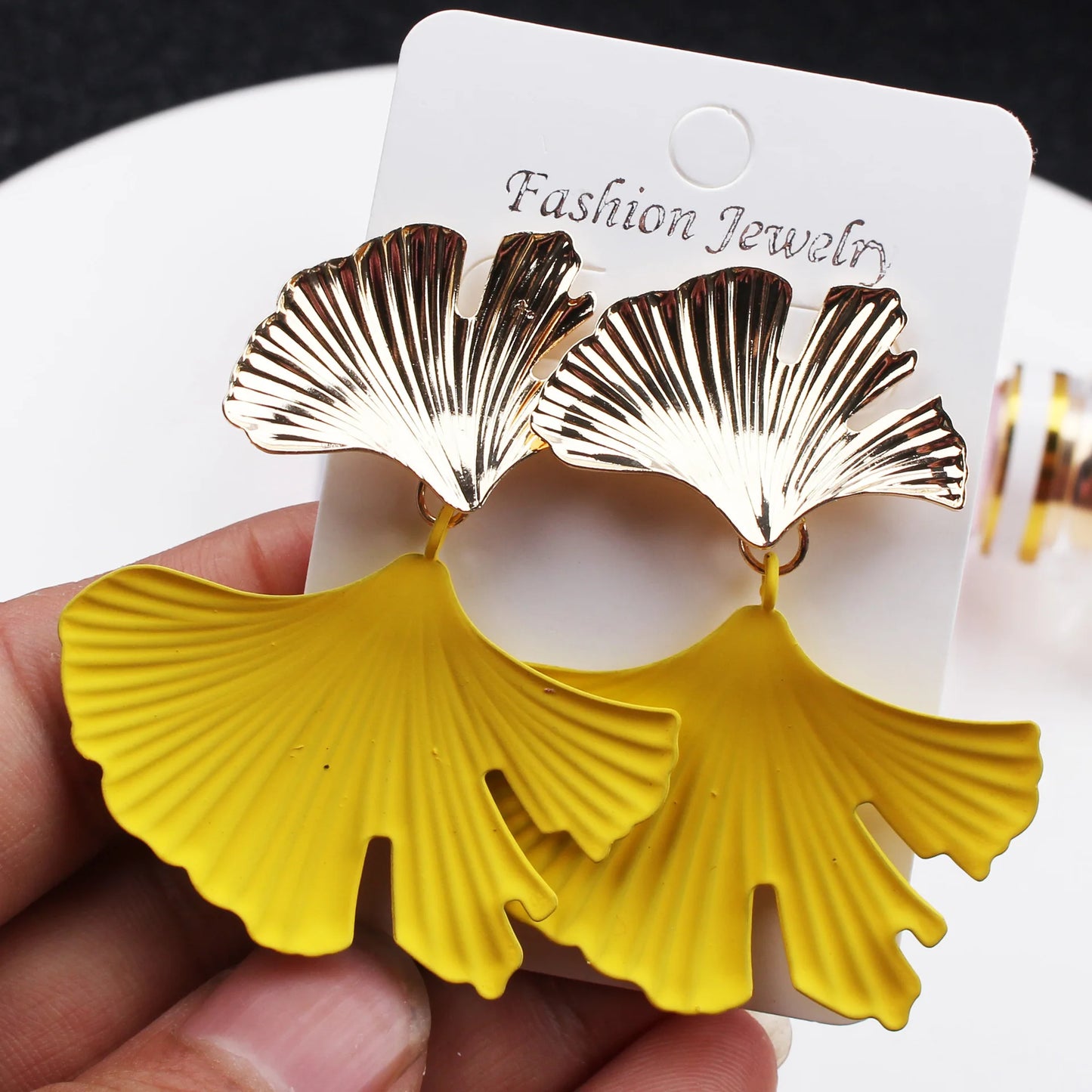 Zenat Geometric Ginkgo Leaf Drop Earrings